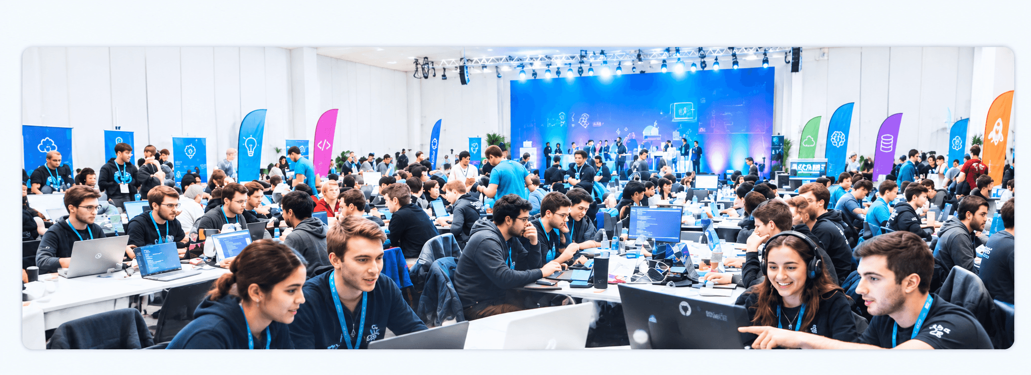 Hackathon venue with students collaborating